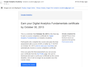 Google Analytics Academy - email reminder